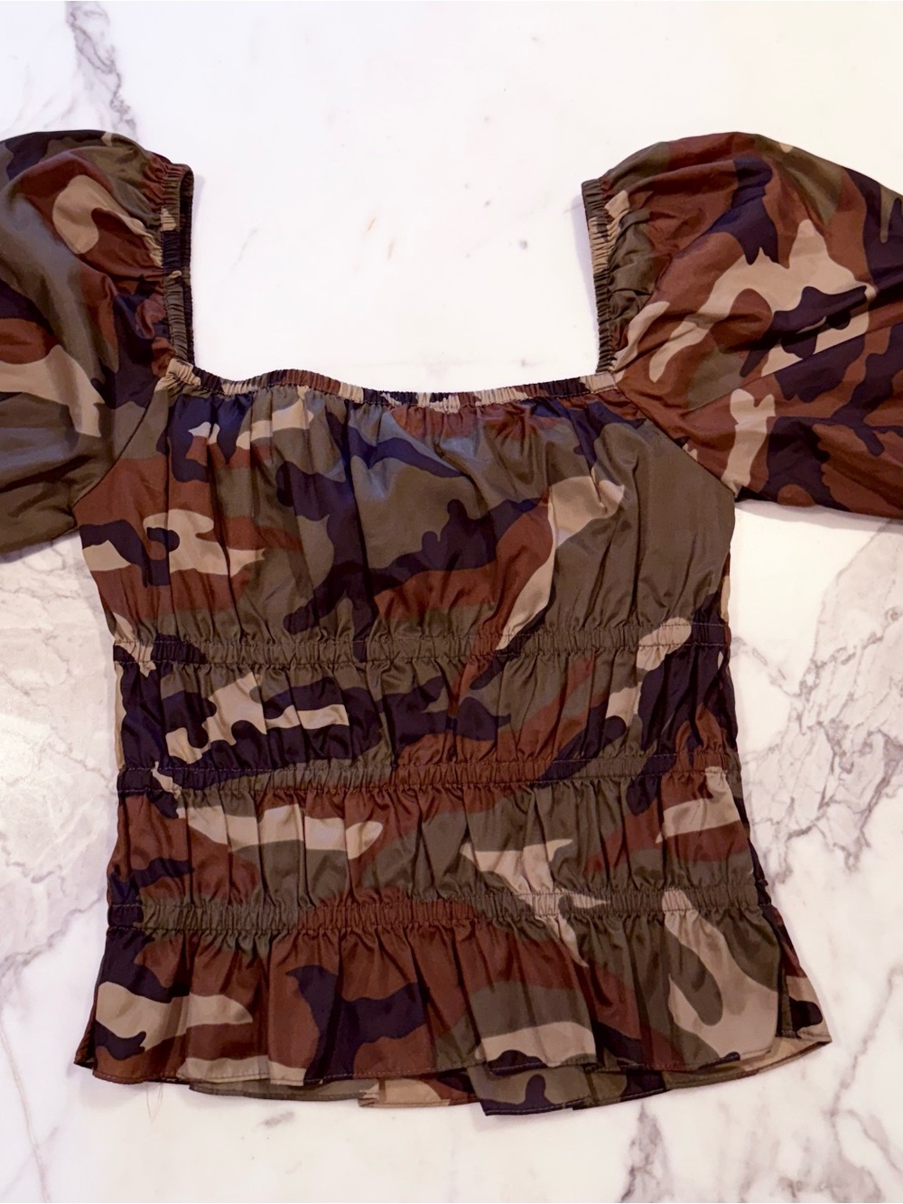Camouflage Puff-Sleeve Smocked Peplum Top - Green Camo